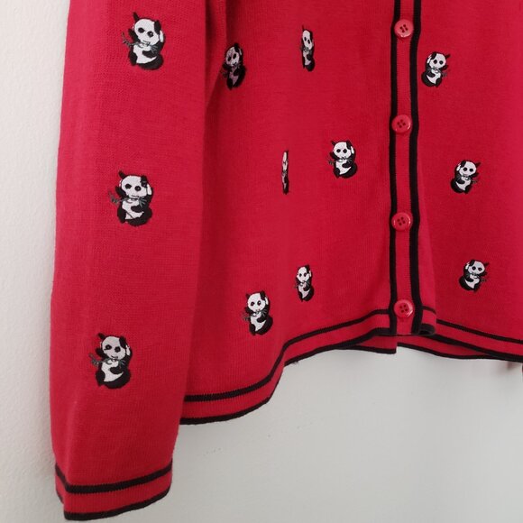 Vintage Terazzo Panda Embroidered Red And Black Cardigan Sweater Size XL - Picture 6 of 12